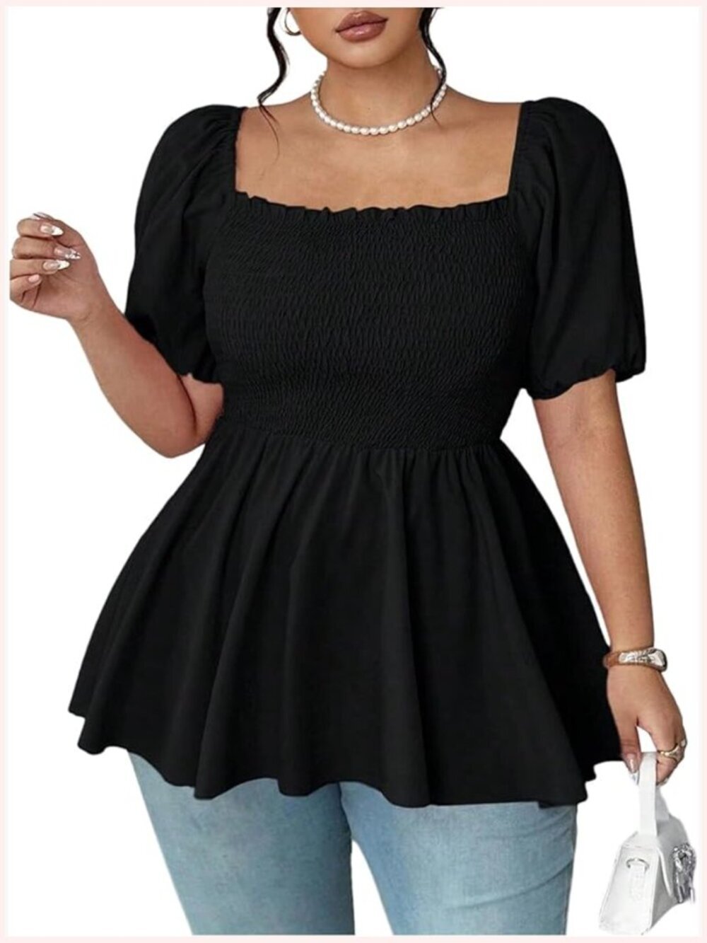 Plus Size Square Neck Peplum Blouse Short Sleeve Smocked Babydoll Top